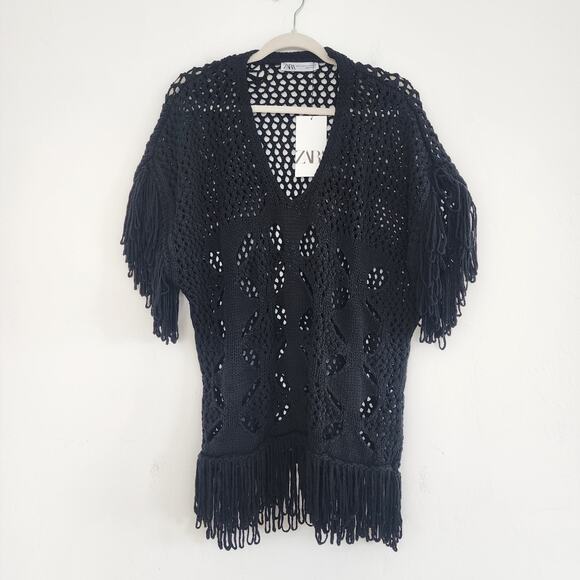 Zara Black Knit Top with Long Black Fringe Small - Medium - Picture 4 of 8